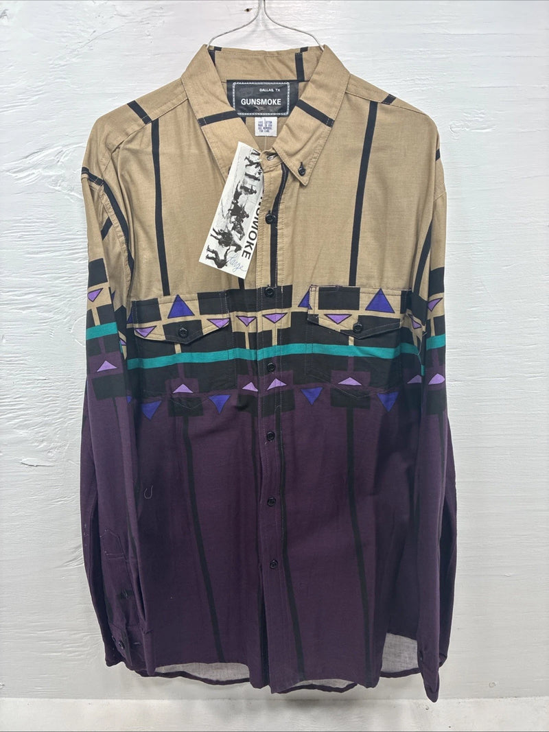 New Men’s GunSmoke Purple Tan Design Long Sleeve Button Up Large X-5