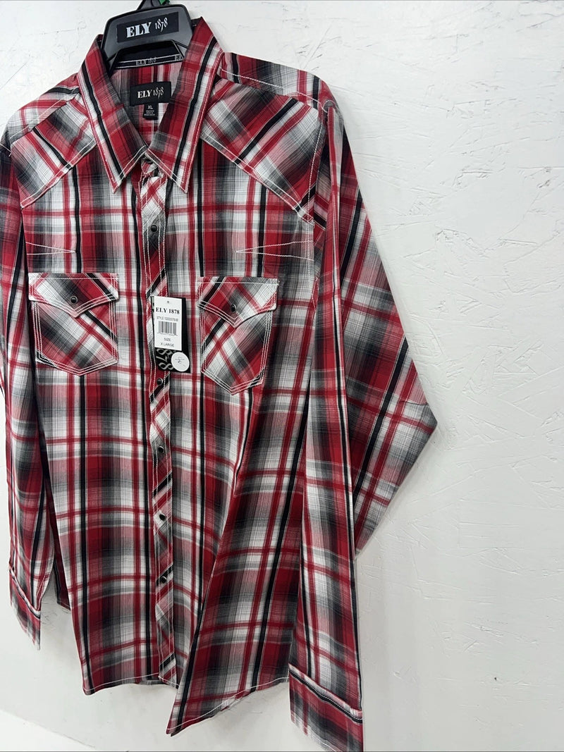 New Men’s Red ELY 1878 Long Sleeve Pearl Snap Shirt. XL S-23