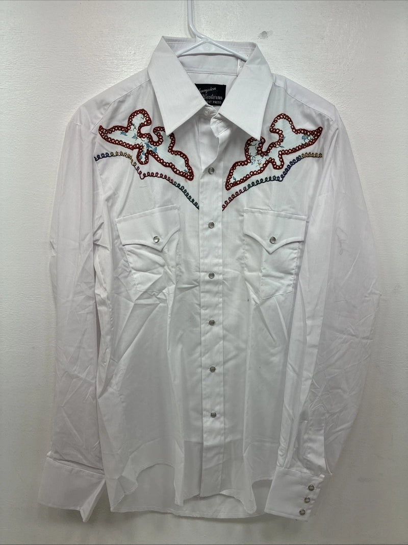 New Women’s Champion Western White Design Long Sleeve Pearl Snap 16 MM-42