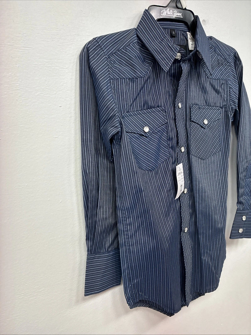 New Kids White Horse Blue Stripe Long Sleeve Pearl Snap Small DD-137
