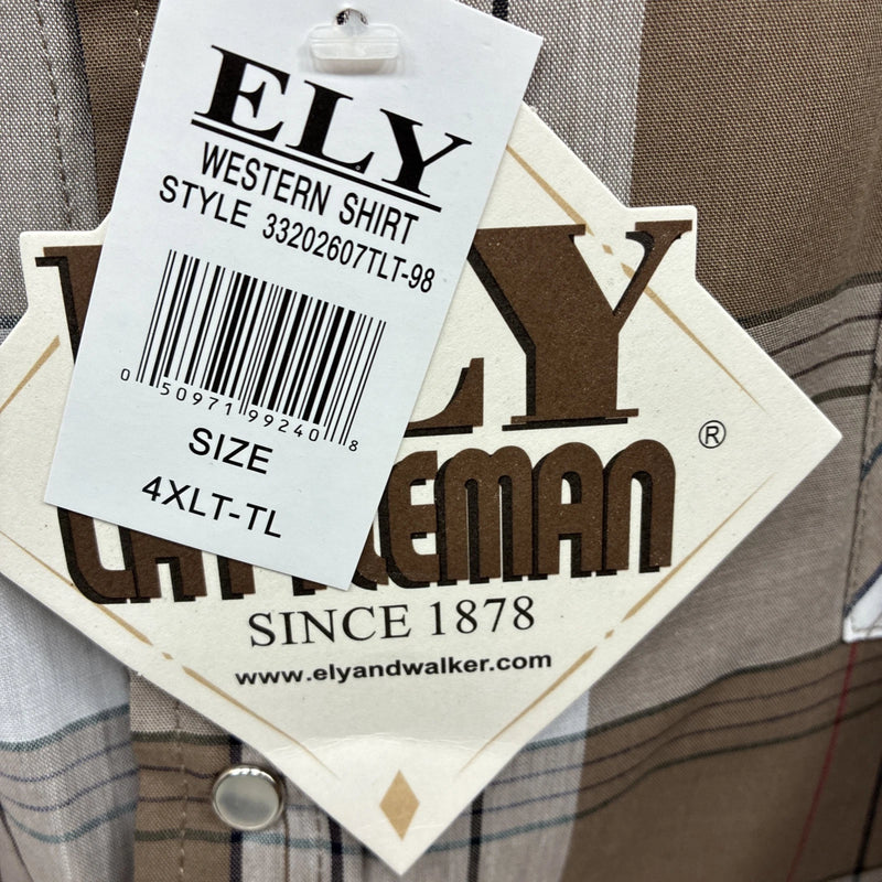 New Men’s ELY Cattleman Tan White Flannel Short Sleeve Pearl Snap 4XL E-69