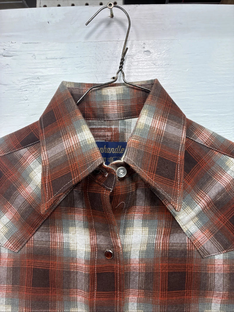 New Men’s Panhandle Slim Orange Plaid Long Sleeve Pearl Snap Small J-64