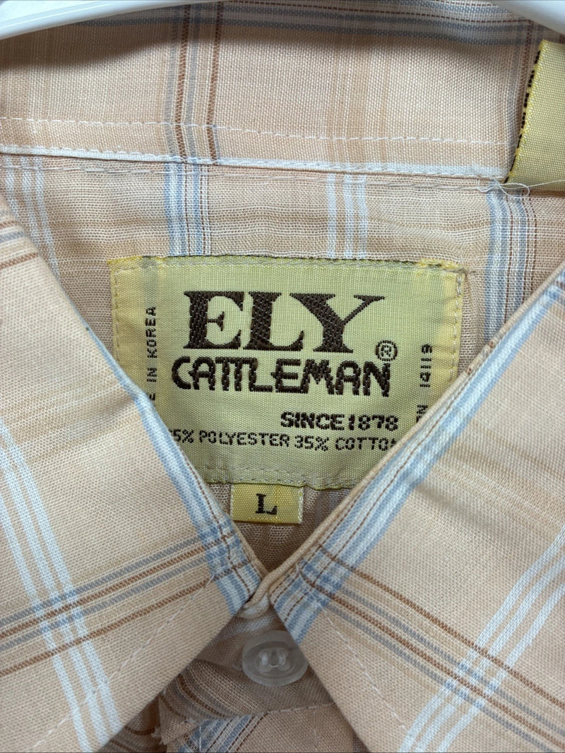 New Men’s ELY Cattleman Orange Plaid Short Sleeve Pearl Snap Large X-61