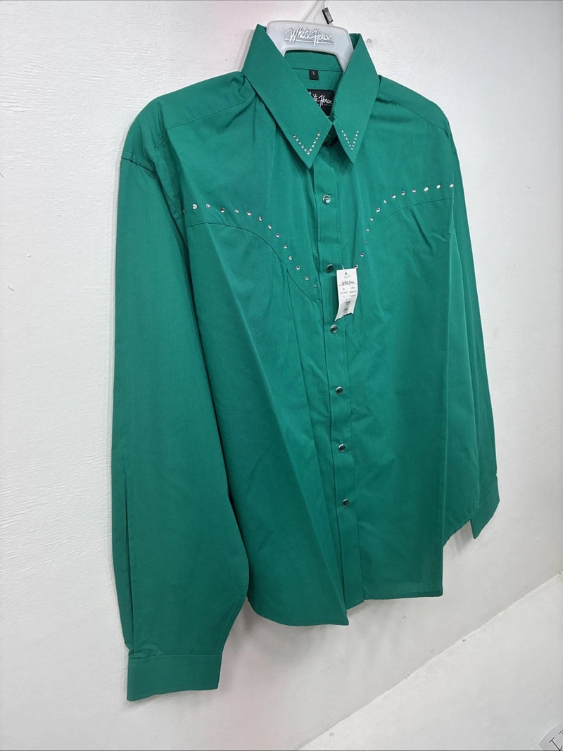 New Women’s White Horse Green Gem Long Sleeve Pearl Snap Large II-74