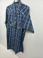 New Men’s ELY 1878 Blue Plaid Short Sleeve Pearl Snap XL R-48