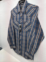 New Men’s ELY 1878 Blue Brown Plaid Long Sleeve Pearl Snap Medium J-89