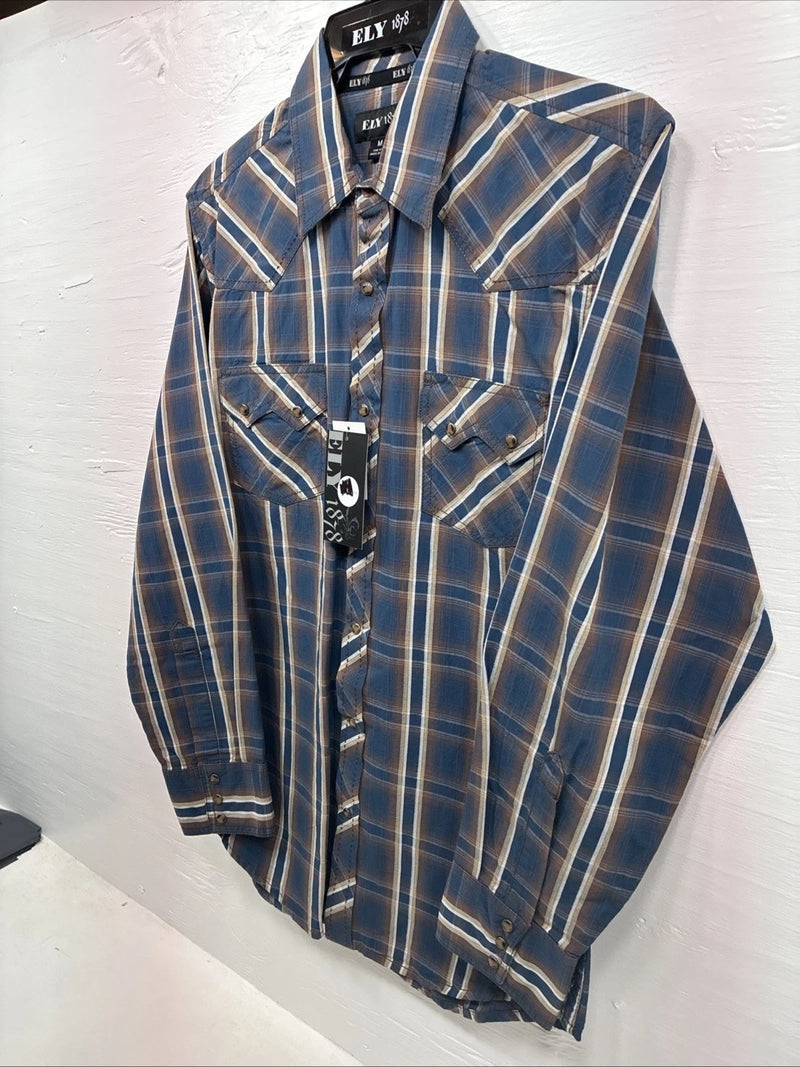 New Men’s ELY 1878 Blue Brown Plaid Long Sleeve Pearl Snap Medium J-89