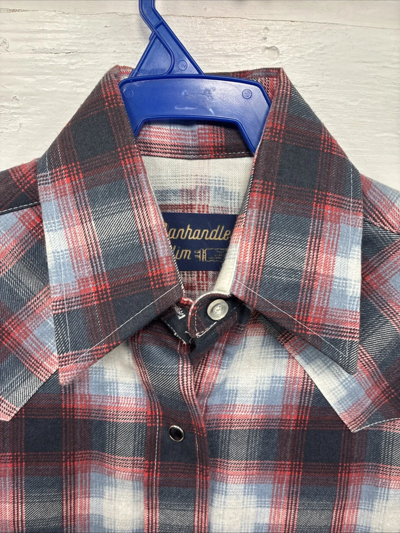 New Kids Panhandle Slim Red Blue Plaid Long Sleeve Pearl Snap Size 10 CC-93