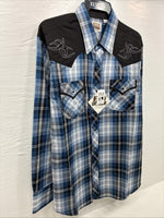 New Men’s ELY Cattleman Blue Black Flannel Long Sleeve Pearl Snap XL  H-64