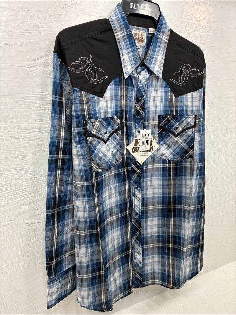 New Men’s ELY Cattleman Blue Black Flannel Long Sleeve Pearl Snap XL  H-64