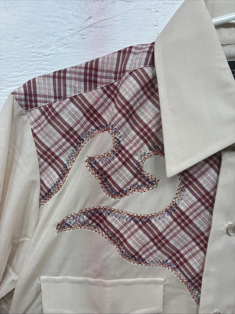 New Youth Champion Western Tan pink Plaid Long Sleeve Pearl Snap Medium T-82