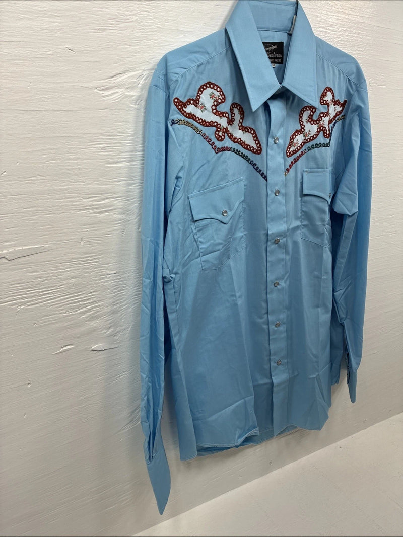 New Men’s Champion Western Blue Embroidered Long Sleeve Pearl Snap 16 Large Q-90