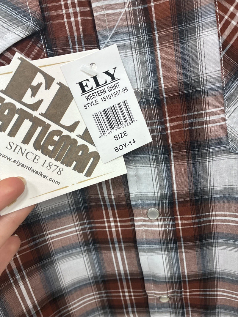 New Kids ELY Cattleman Orange Plaid Long Sleeve Pearl Snap Size 14 DD-38