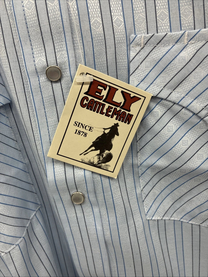 New Men’s ELY Cattleman Blue Stripe Long Sleeve Pearl Snap 15 Medium AA-72