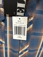 New Men’s ELY 1878 Blue Brown Plaid Long Sleeve Pearl Snap XL T-13
