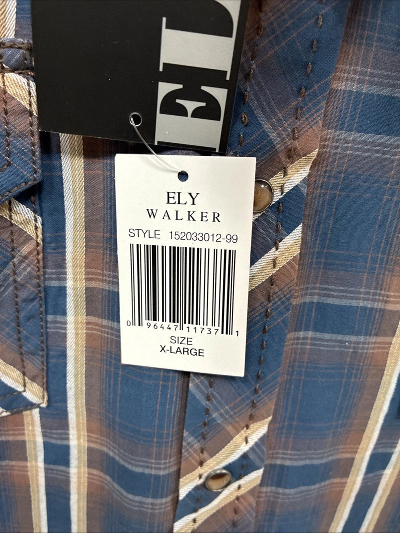 New Men’s ELY 1878 Blue Brown Plaid Long Sleeve Pearl Snap XL T-13