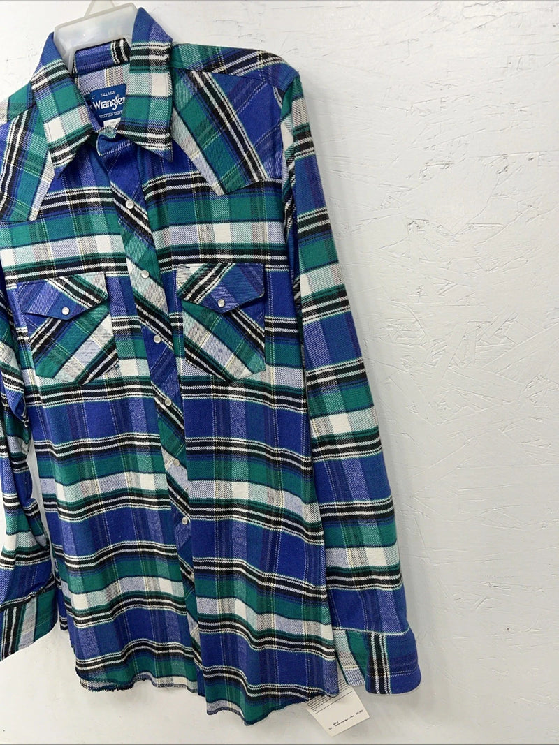 New Men’s Blue Green Plaid Wrangler Pearl Snap Long Sleeve Shirt L Tall P-70