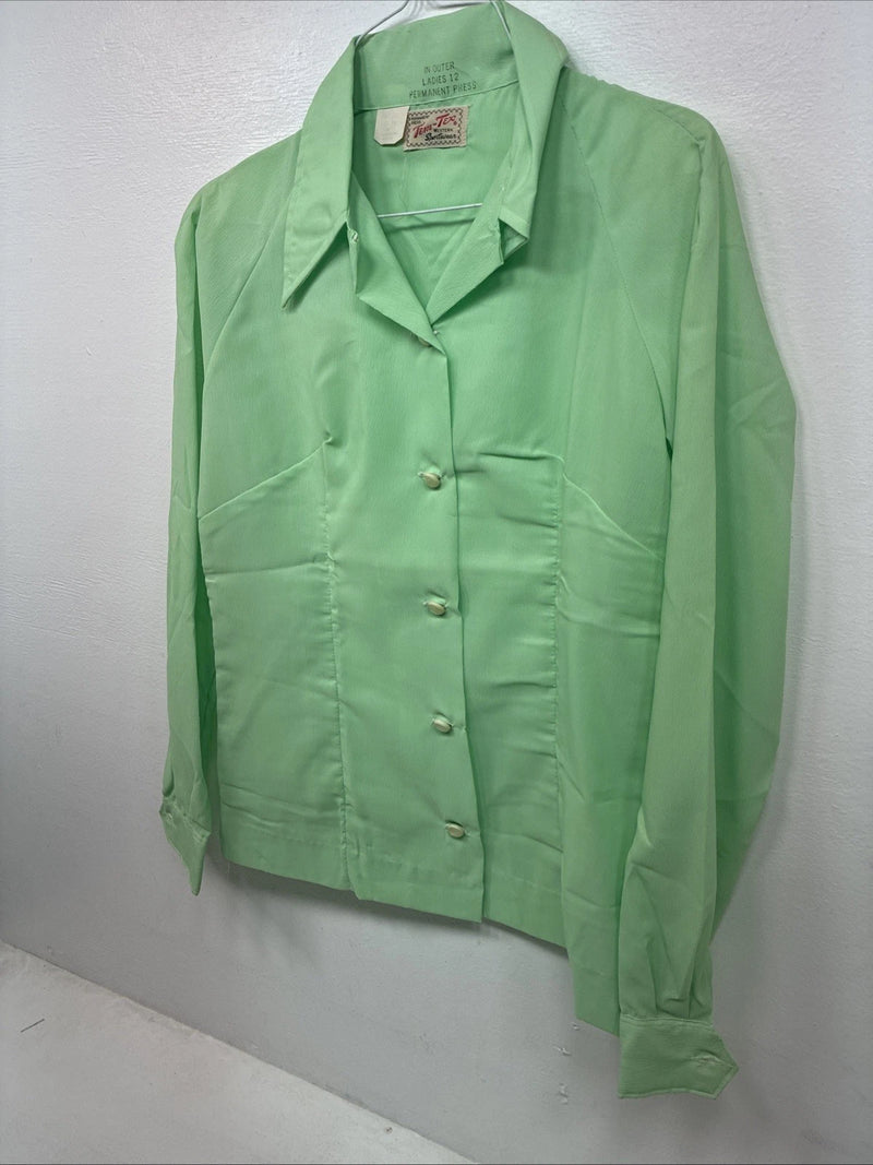 New Women’s Tem Tex Green Long Sleeve Button Up Size 12 KK-38