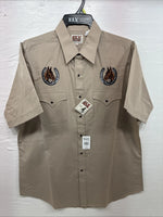 New Men’s ELY Cattleman Tan Horse Design Short Sleeve Pearl Snap Large AA-28
