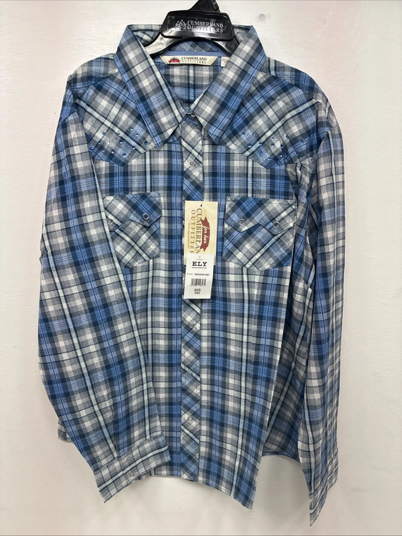 New Women’s Cumberland Blue Plaid Long Sleeve Pearl Snap 3XL GG-58