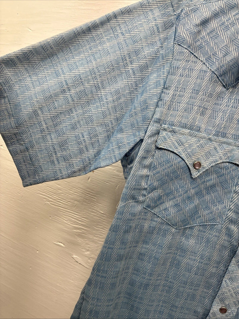 New Men’s Karman Blue Designed Short Sleeve Pearl Snap 14.5 Small V-9