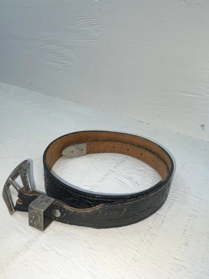 New Black Genuine Leather Tooled 28” Belt #WF502 JJ-115