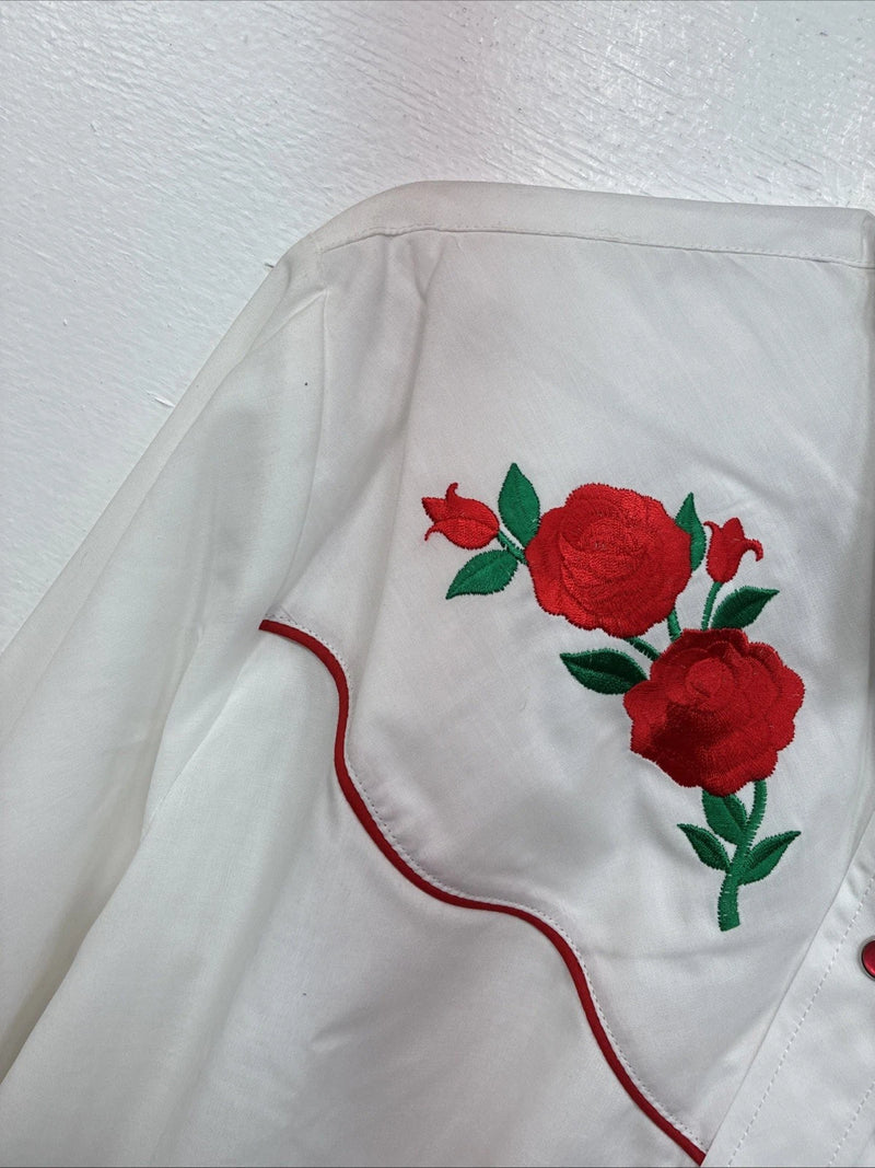 New Women’s Country Charmers White Rose Long  Sleeve Pearl Snap Large KK-118