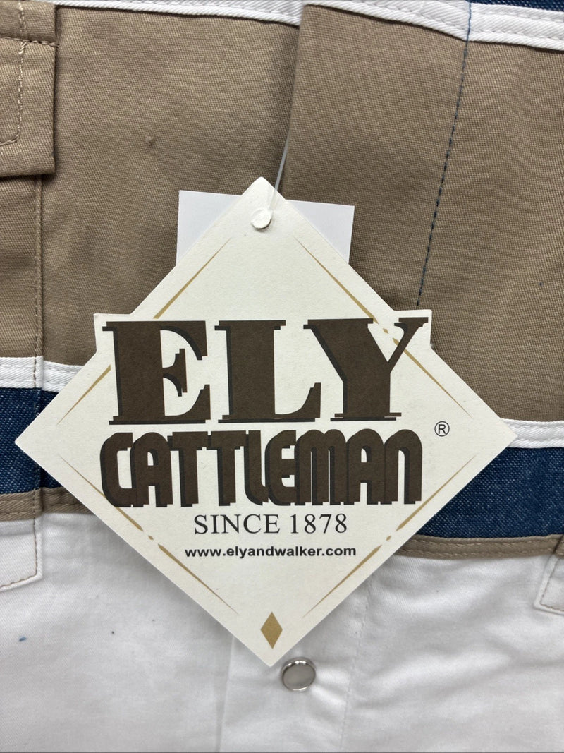 New Men’s ELY Cattleman White Blue Tan Western Long Sleeve Pearl Snap XL R-55