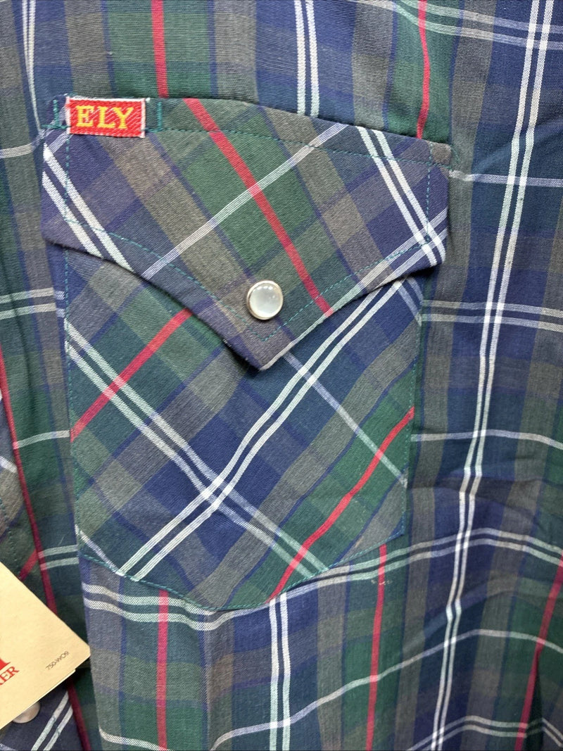 New Men’s ELY Plains Green Blue Plaid Long Sleeve Pearl Snap 16.5 Large Q-85