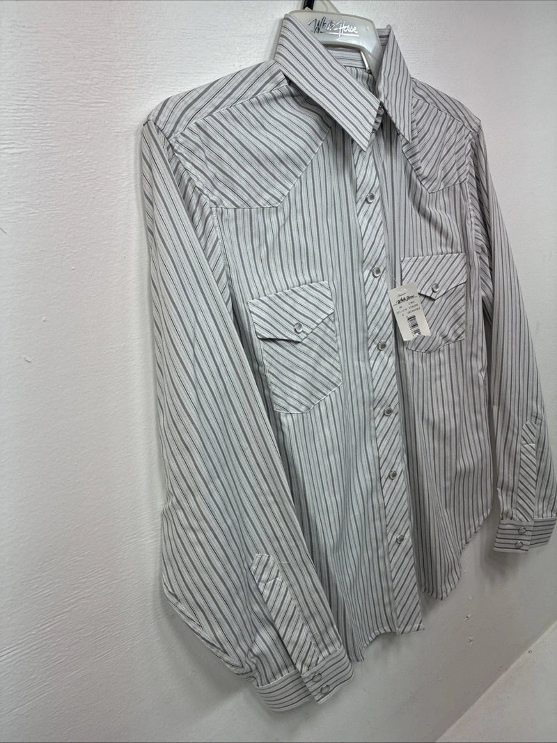 New Women’s White Horse Gray Stripe Long Sleeve Pearl Snap Small DD-117