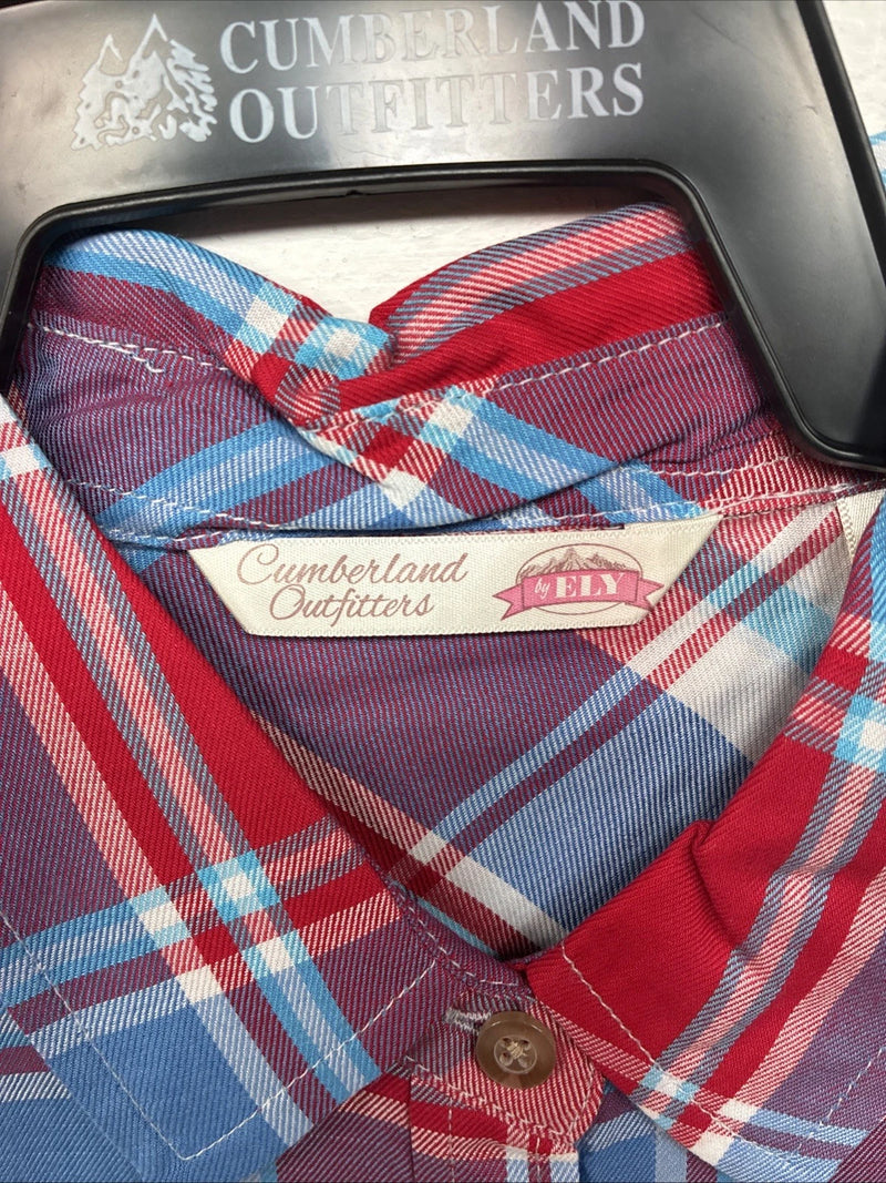New Women’s Cumberland Red Blue Plaid short Sleeve Button Up Medium LL-51