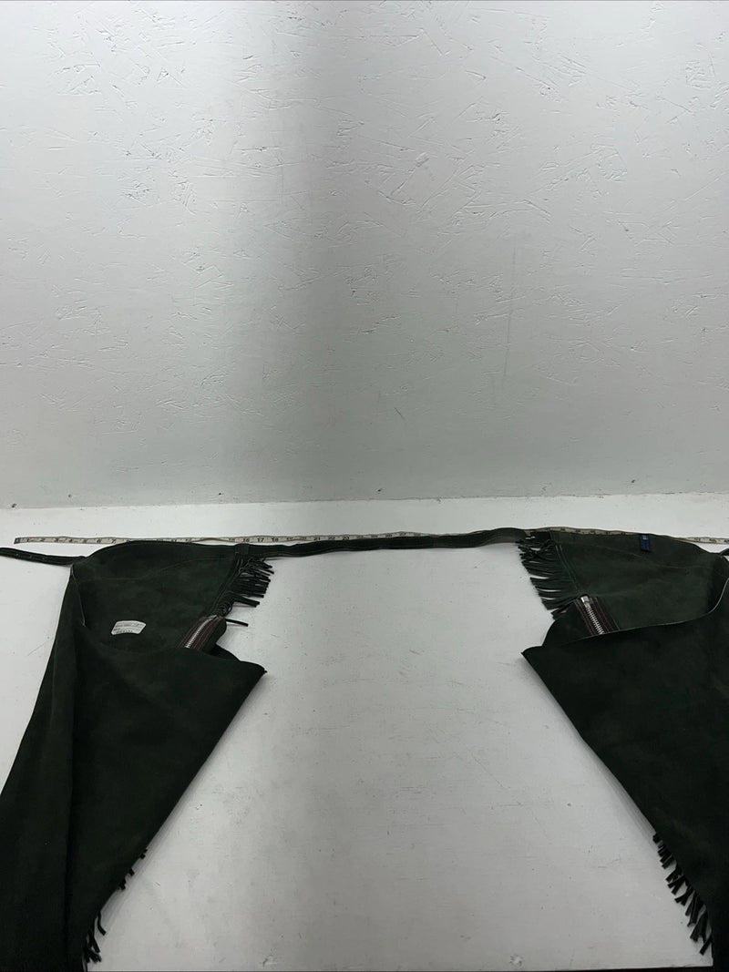 New Green Congress Leather Show Chaps With Fringe Adjustable Waist 51” N-26