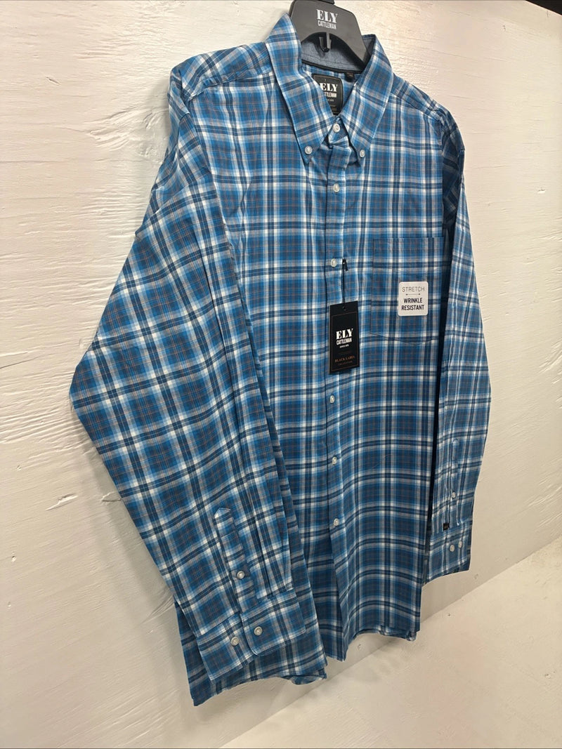 New Men’s ELY Cattleman Blue Yellow Plaid Long Sleeve Button Up XL R-53