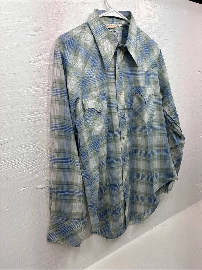 New Men’s Miller Blue Green Plaid Long Sleeve Pearl Snap 16 Large Q-71