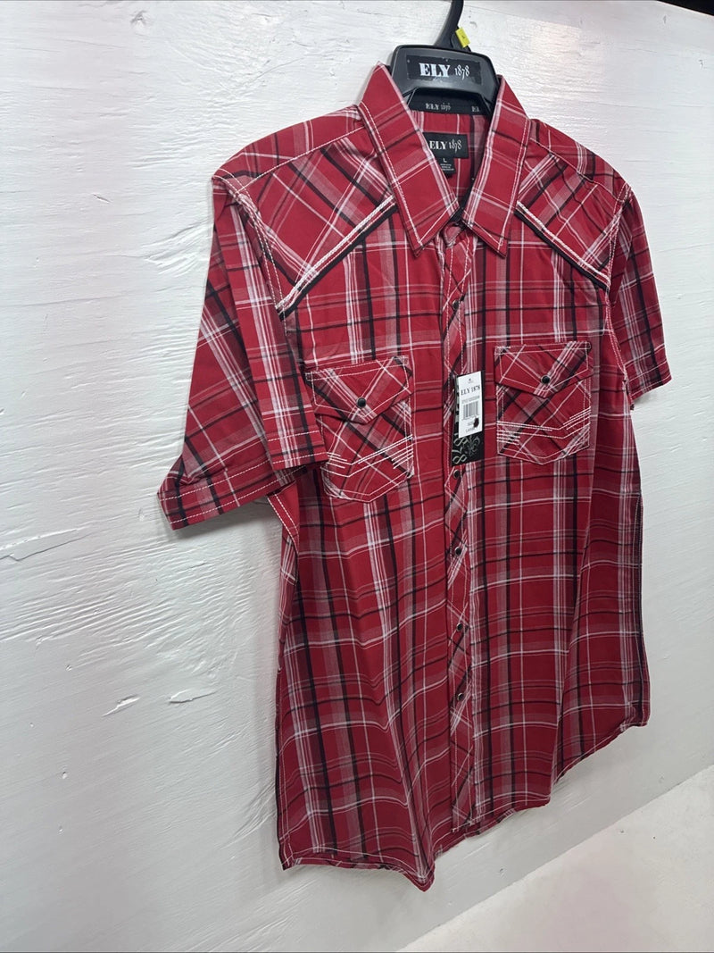 New Men’s ELY 1878 Red Black Plaid Short Sleeve Pearl Snap Large V-112