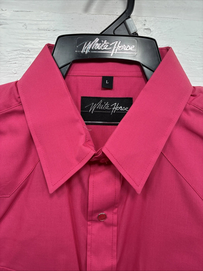 New Men’s White Horse Pink Simple Long Sleeve Pearl Snap Large Q-18