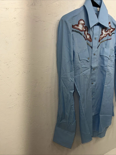 New Men’s Blue Champion Westerns Long Sleeve Pearl Snap Shirt. 15x33 M S-6