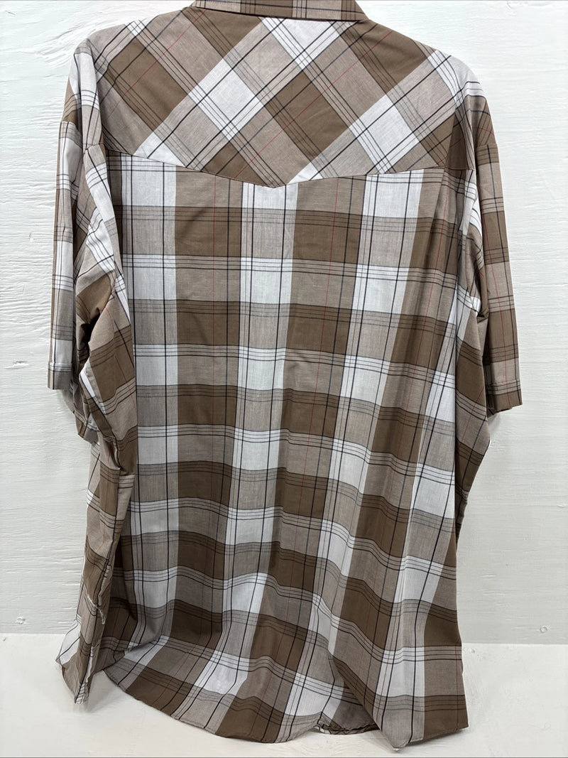 New Men’s ELY Cattleman Tan White Flannel Short Sleeve Pearl Snap 4XL E-69