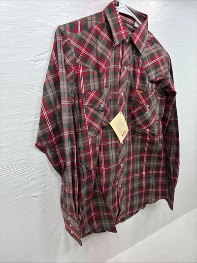 New Men’s ELY Plains Red Plaid Long Sleeve Pearl Snap 14.5 X 33 Small AA-94