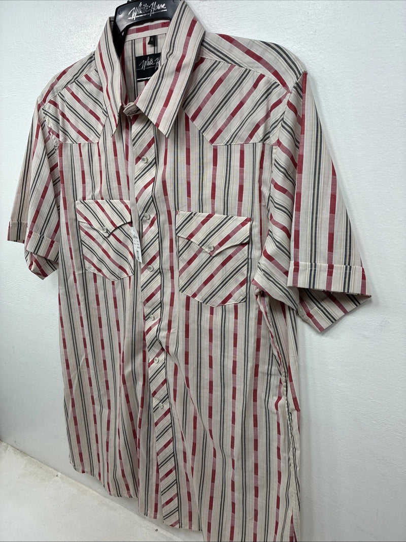 New Women’s White Horse Red White Stripe Short Sleeve Pearl Snap Large YY-116