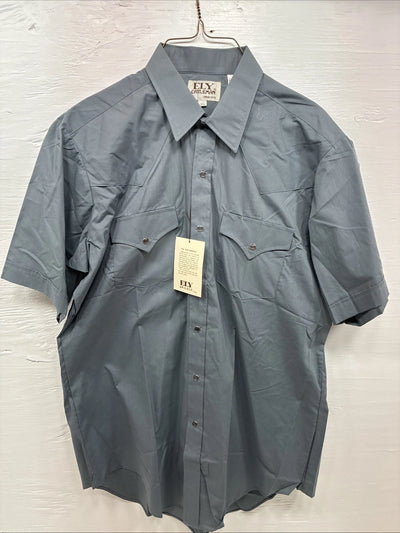 New Men’s ELY Cattleman Gray Short Sleeve Pearl Snap 16.5 Large AA-27
