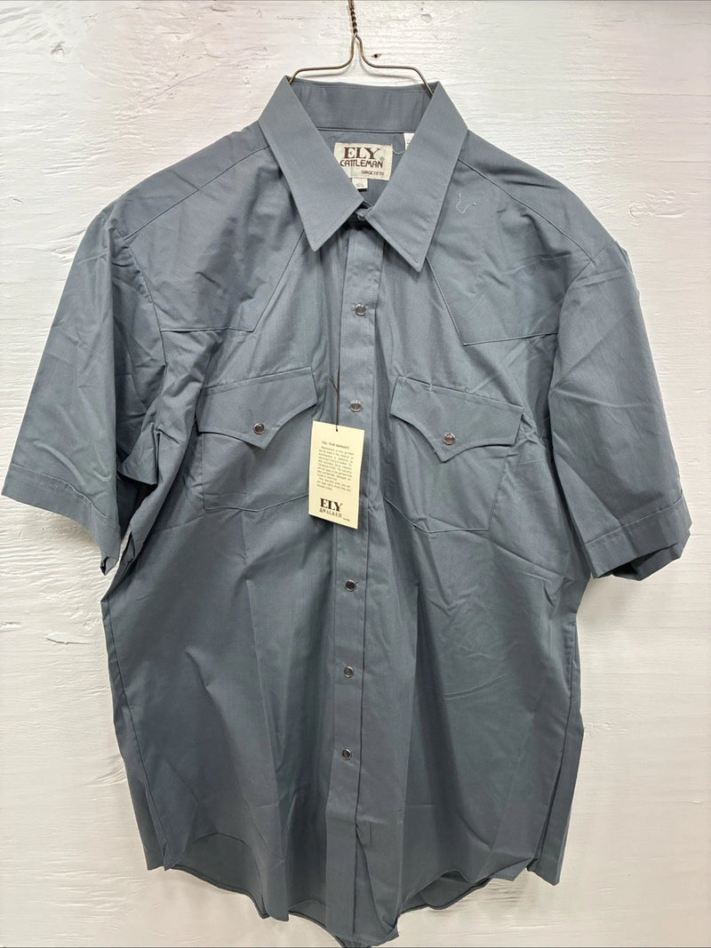 New Men’s ELY Cattleman Gray Short Sleeve Pearl Snap 16.5 Large AA-27