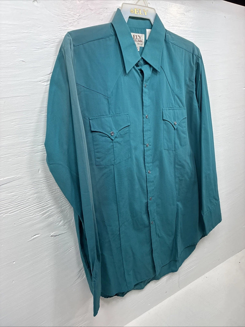 New Men’s ELY Cattleman Teal Western Long Sleeve Pearl Snap 16.5 X 35 Large T-59