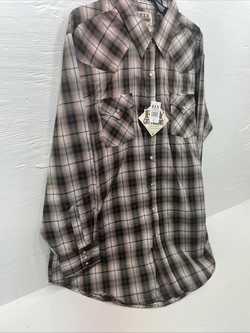 New Men’s ELY Cattleman Brown Long Sleeve Pearl Snap 3XL E-22