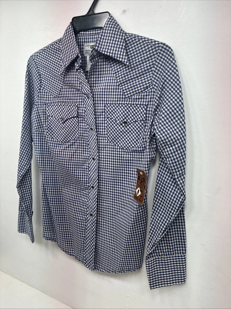 New Women’s Dickson Jenkins Blue Checker Long Sleeve Pearl Snap Size 34 GG-5