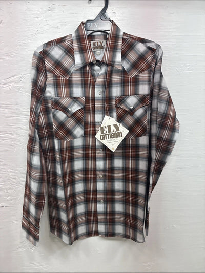 New Kids ELY Cattleman Orange Plaid Long Sleeve Pearl Snap Size 14 DD-38