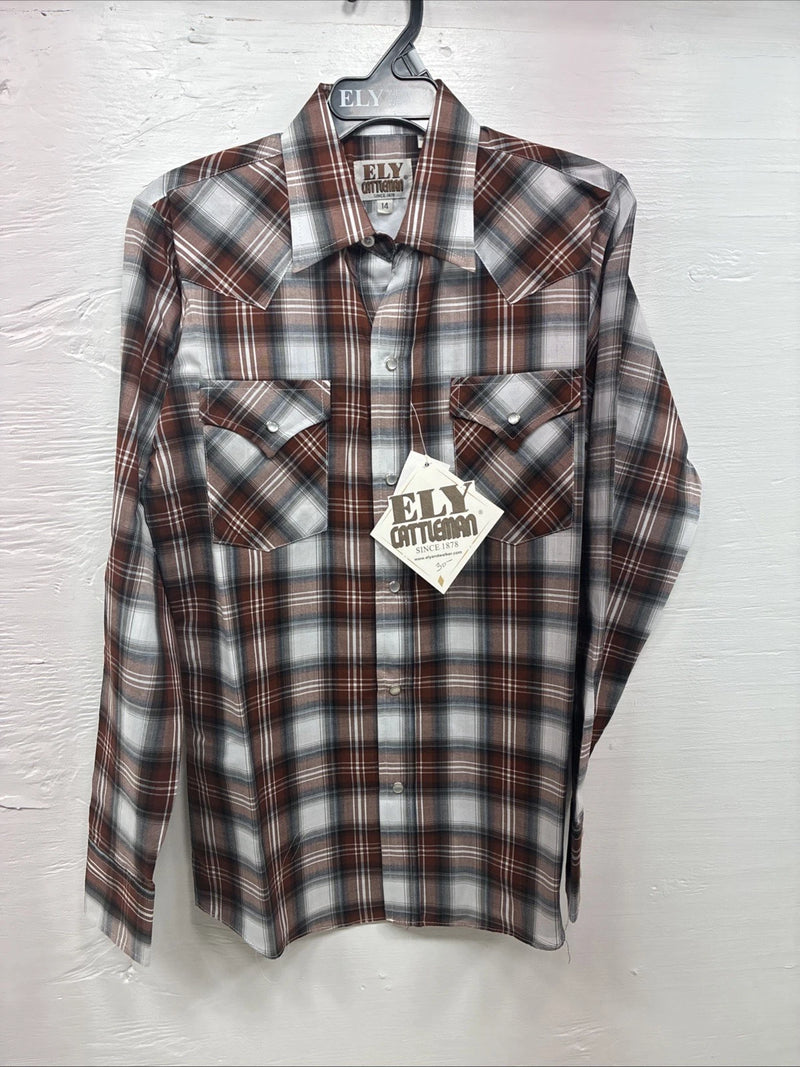 New Kids ELY Cattleman Orange Plaid Long Sleeve Pearl Snap Size 14 DD-38