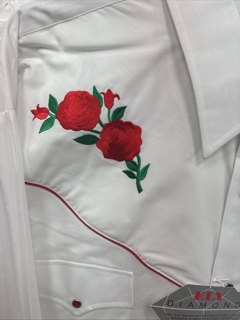 New Men’s ELY diamond White Rose Long Sleeve Pearl Snap 3XL F-53