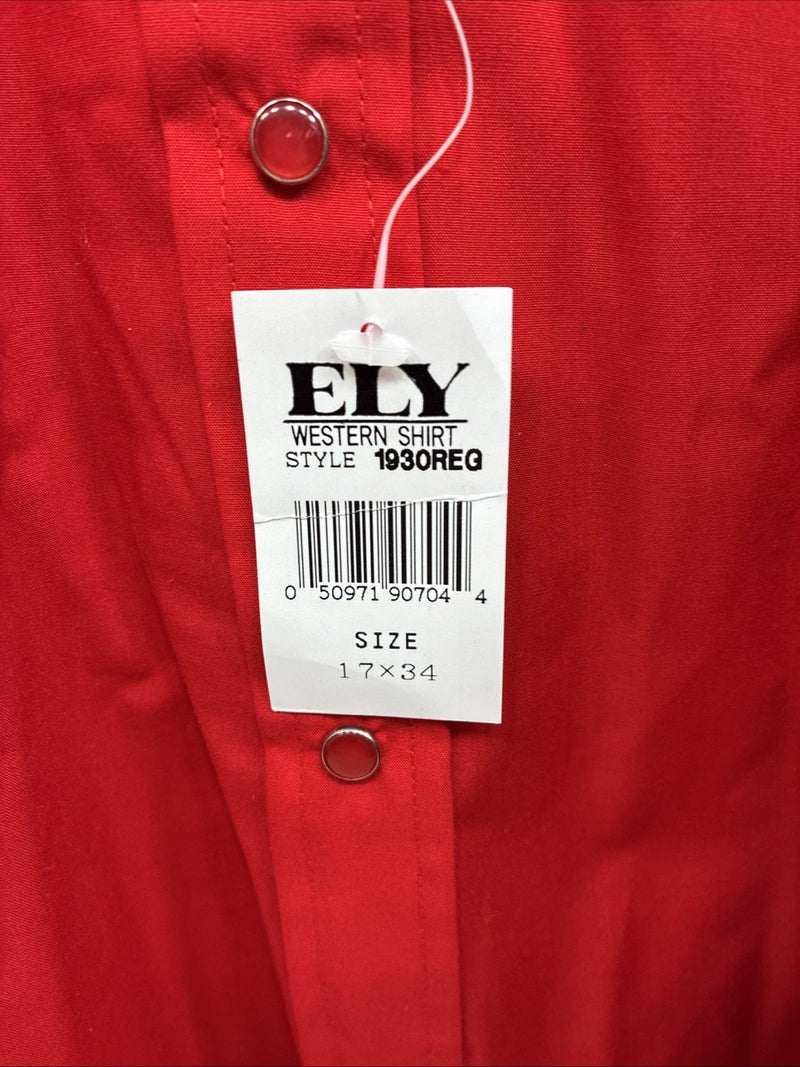 New Men’s ELY Cattleman Simple Red Long Sleeve Pearl Snap 17 X 34 XL T-3