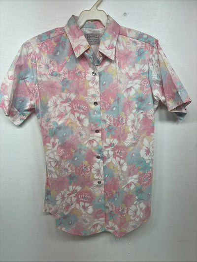 New Women’s H Bar C Pink Floral Short Sleeve Pearl Snap Size 32 DD-154